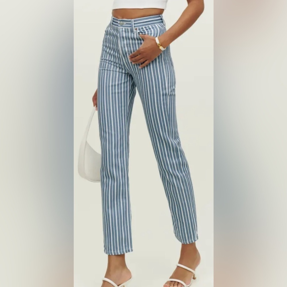 Reformation Cynthia Striped High Rise Straight Jeans Metro Wash Blue & White 29